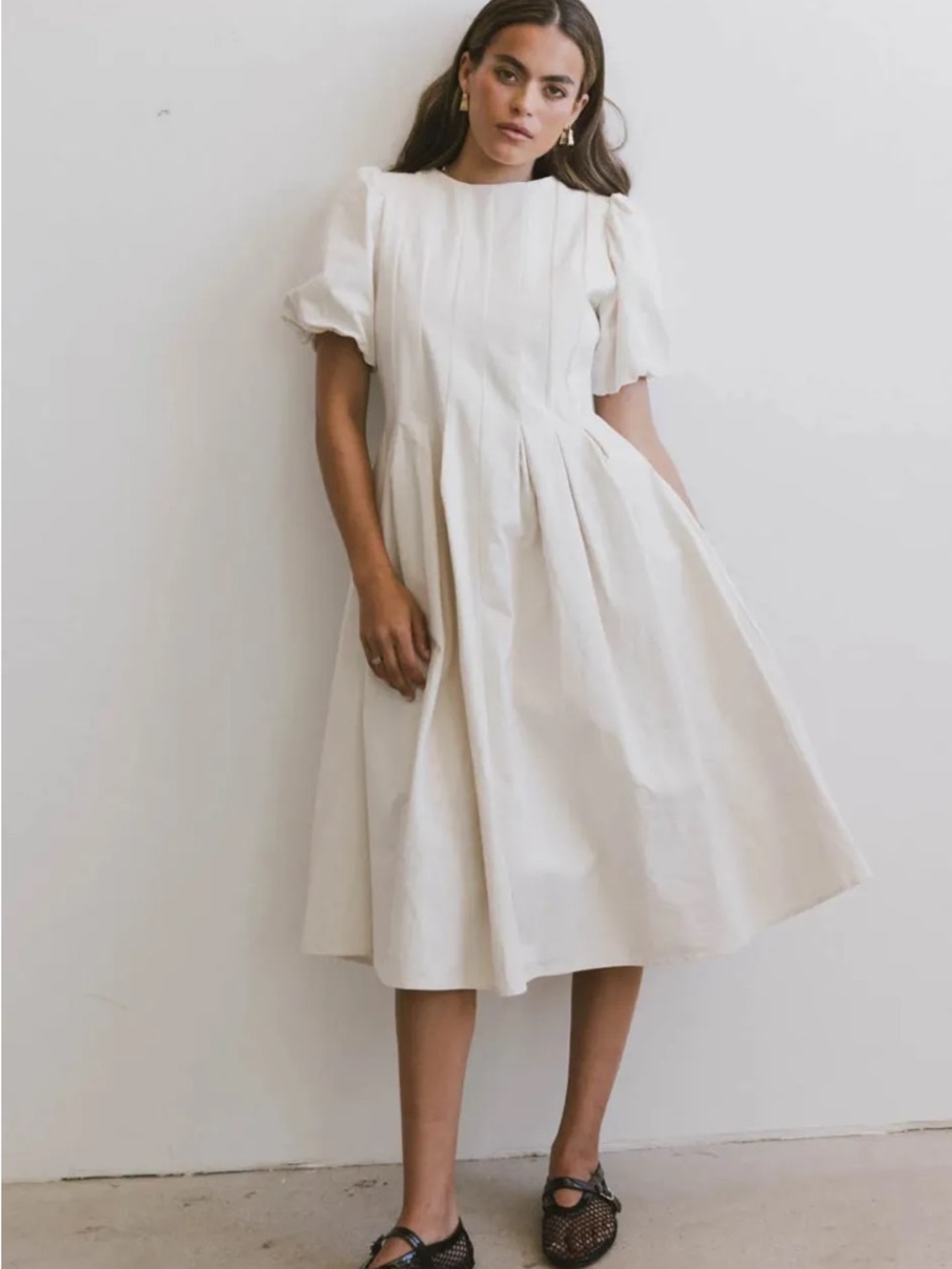 NWTS Bohme Elegant Cream Puff-Sleeve Midi Dress